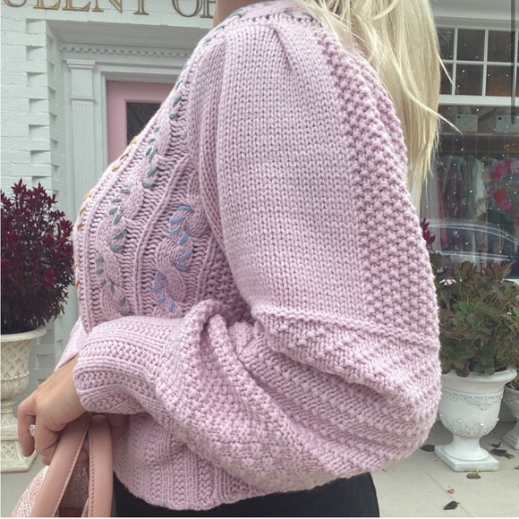 Loveshackfancy Leni Cableknit Crew Neck Pink Embroidered Sweater - Picture 9 of 11